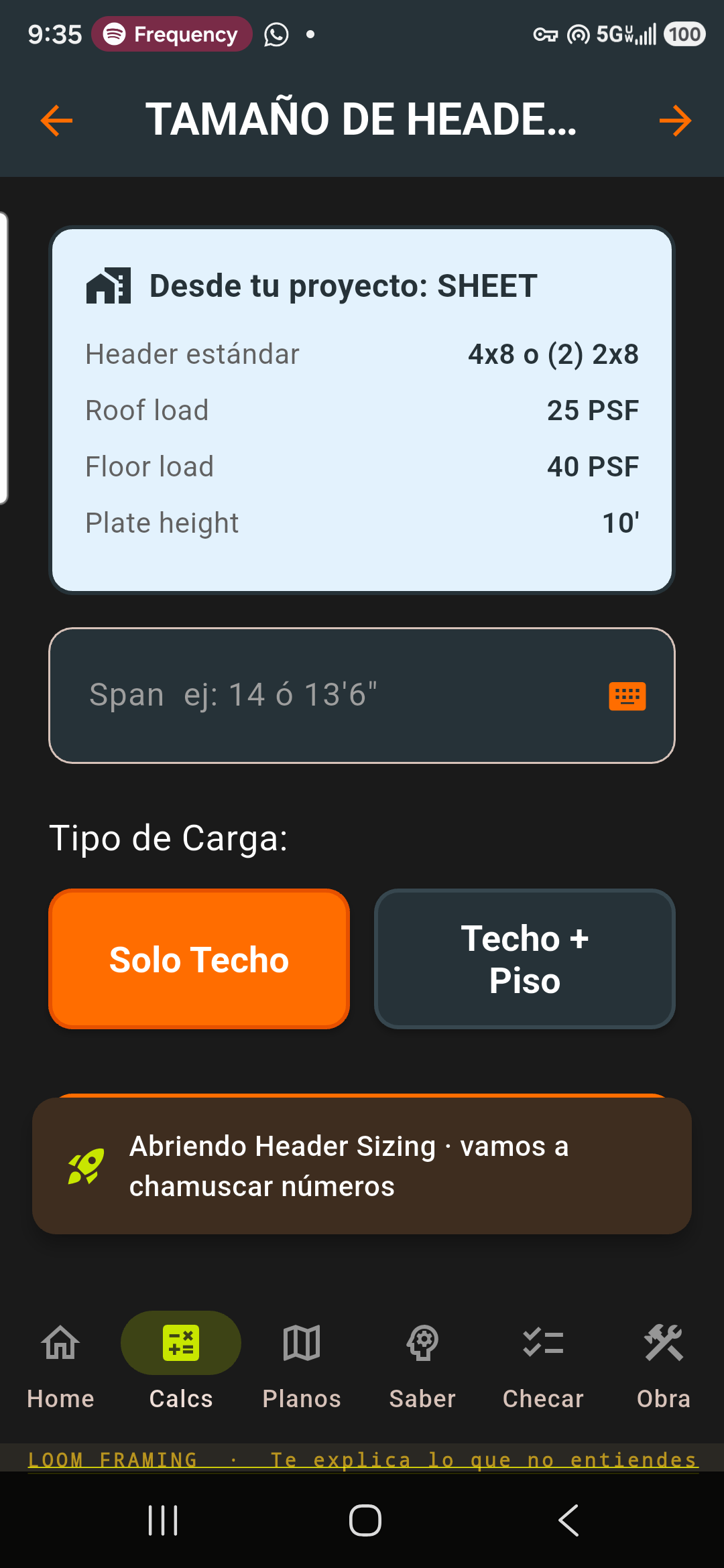 Header Sizing con datos del proyecto y selector de tipo de carga