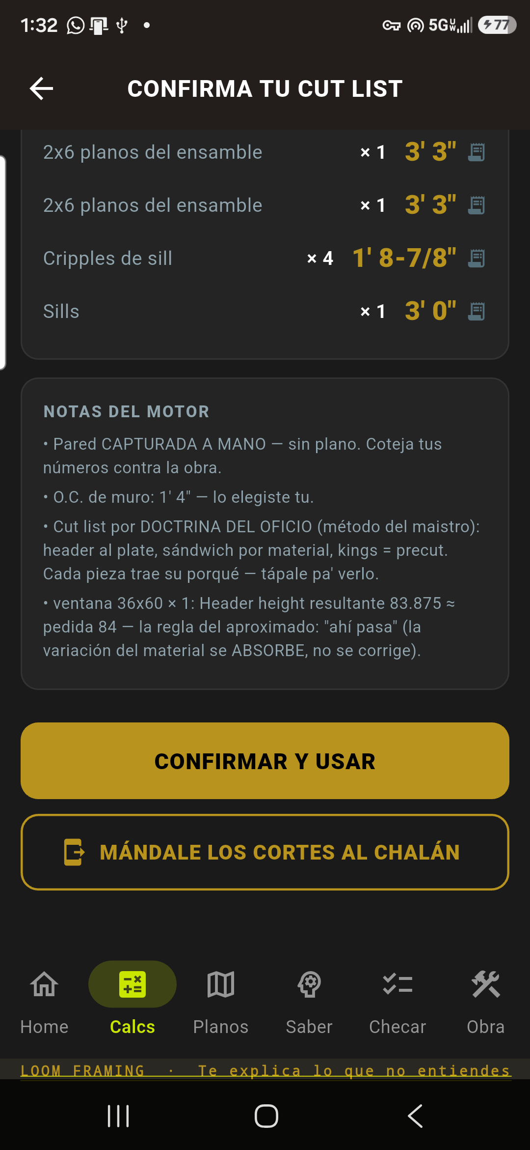 Confirma tu cut list: cada pieza con su porqué en las notas del motor, y el botón pa' mandarle los cortes al chalán