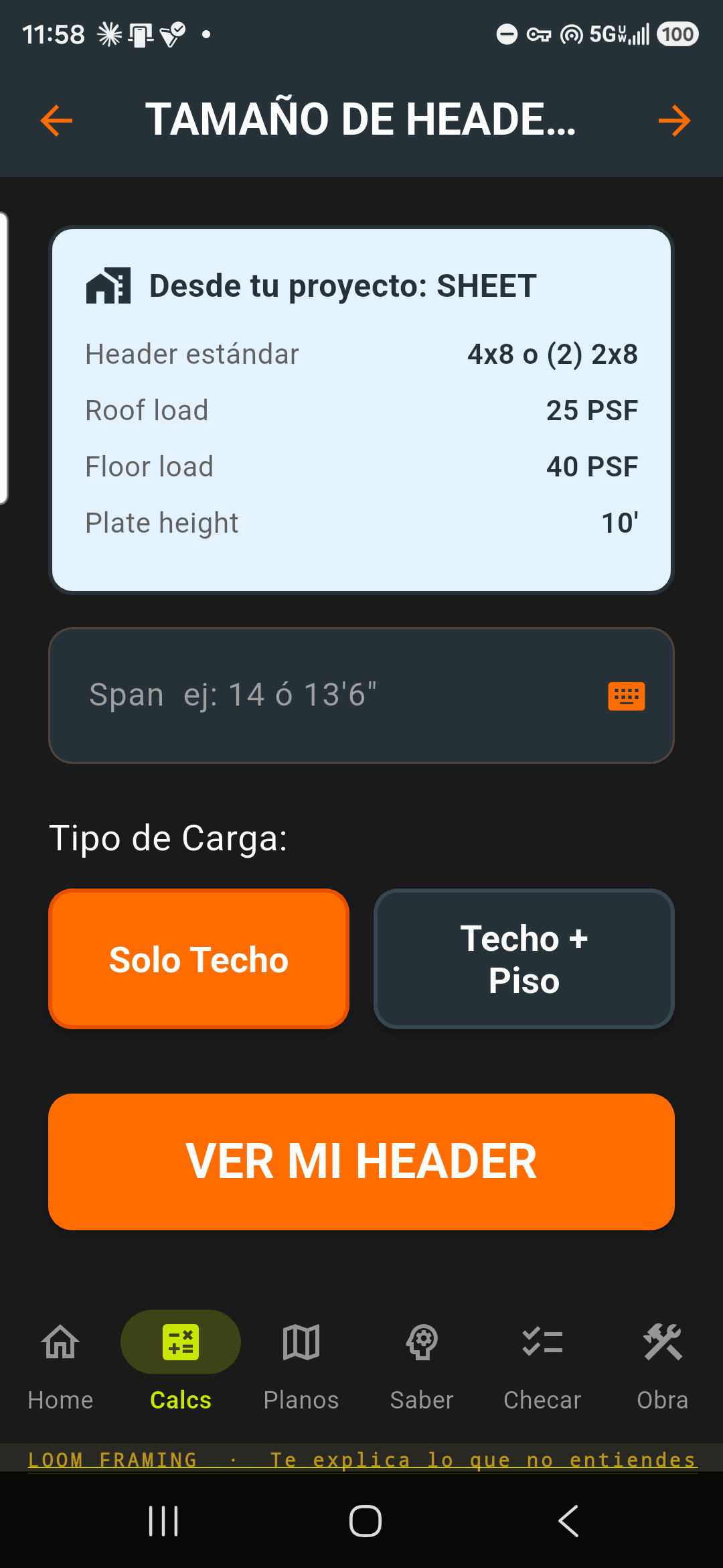 Header Sizing con los datos de tu proyecto ya cargados y el selector Solo Techo o Techo más Piso