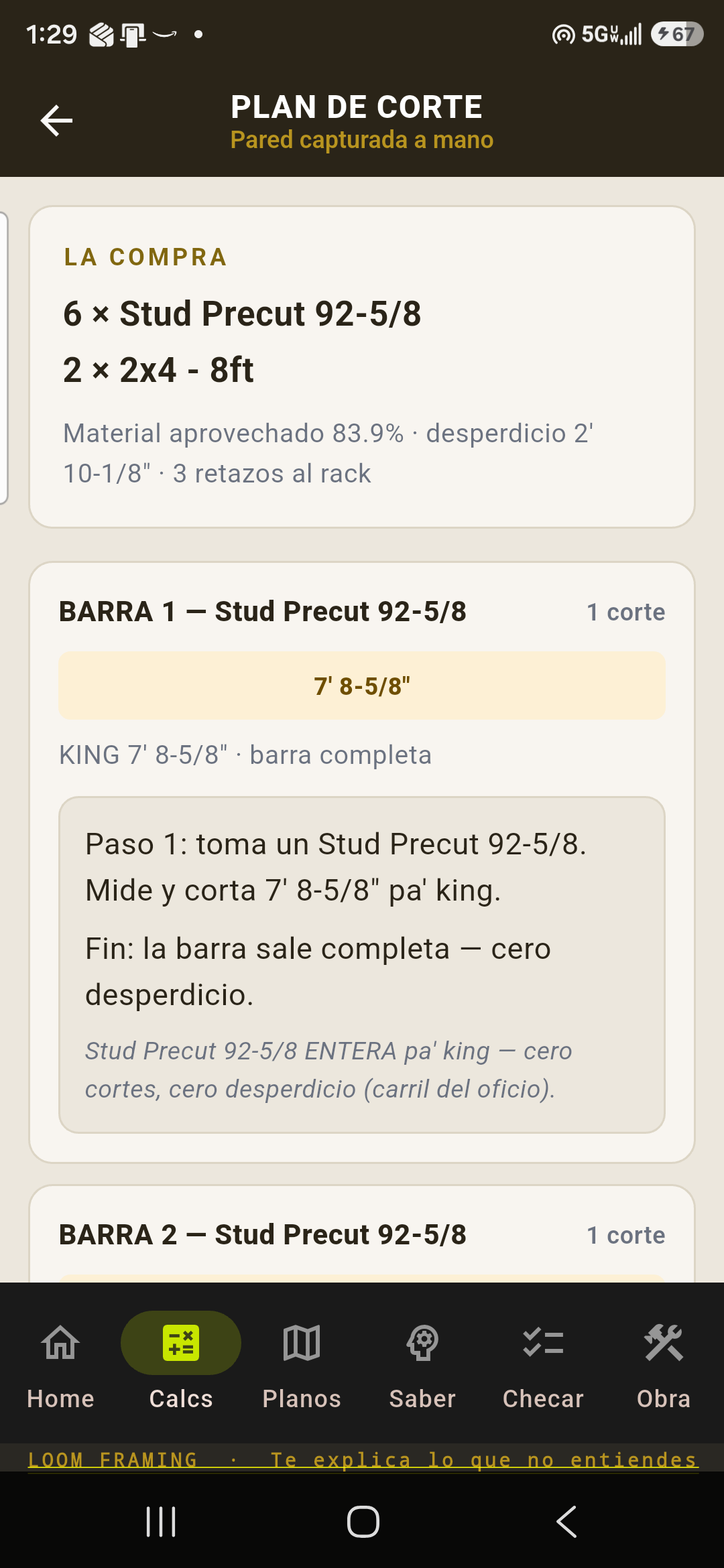 Plan de corte de pared: la compra, cada barra con su rol y los retazos al rack