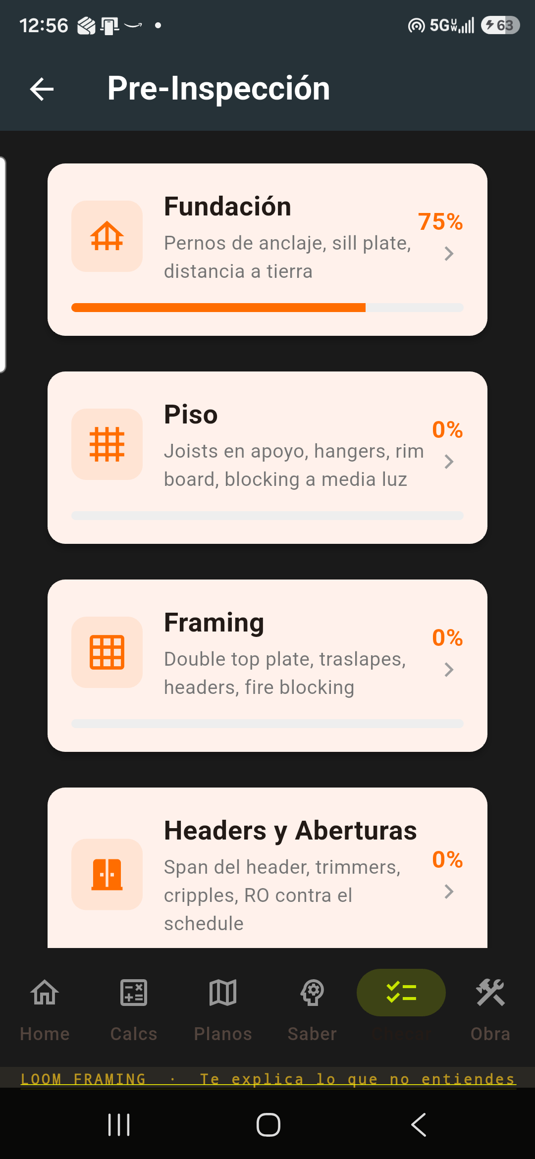 Pre-Inspección: siete categorías con avance vivo y códigos IRC