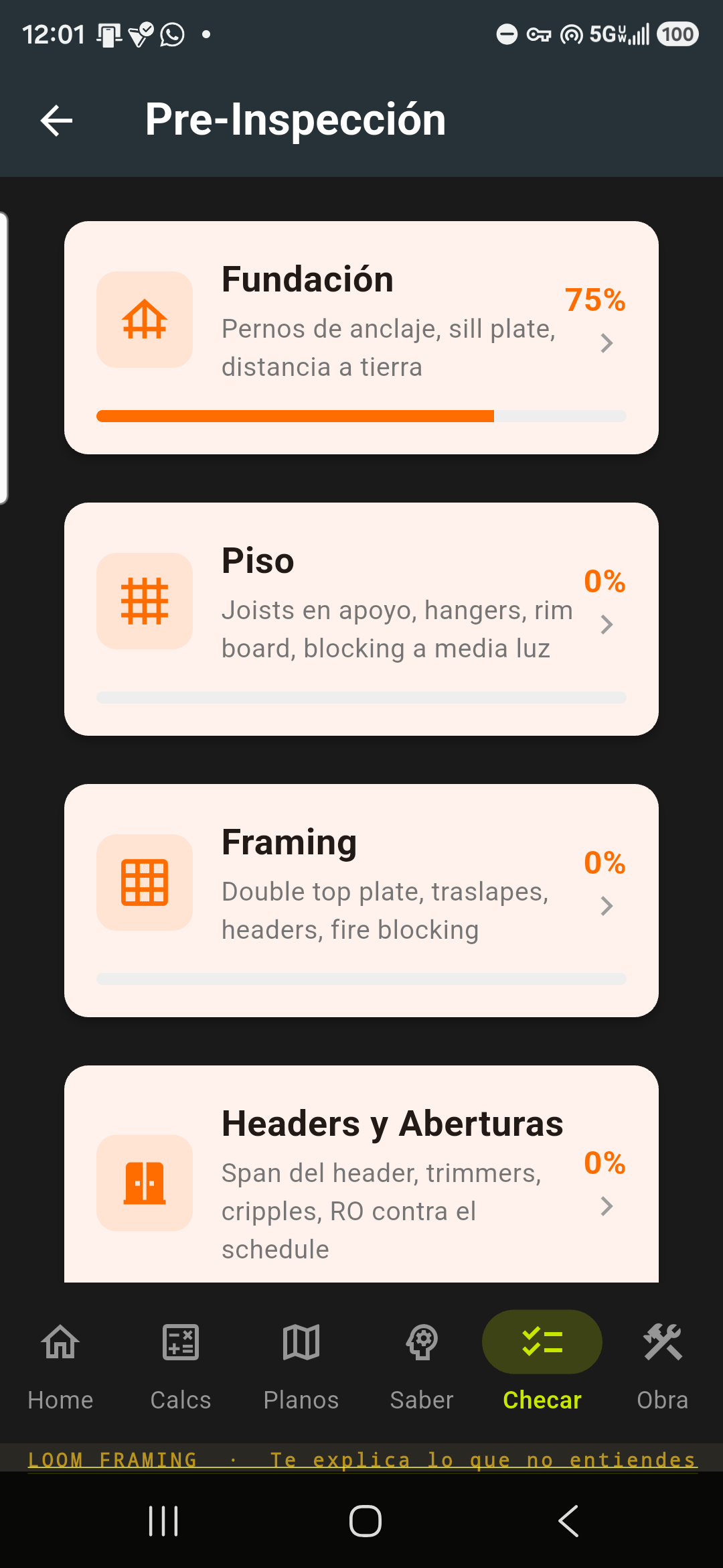 Pre-Inspección: las categorías con su avance vivo y los puntos de código IRC