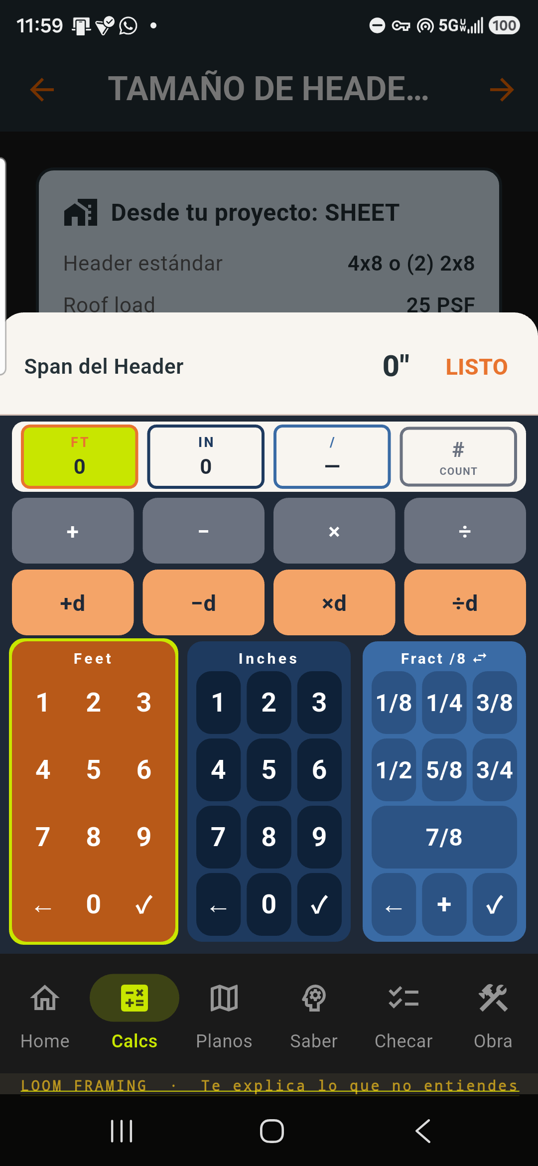 Teclado canon de Loom: paneles de pies, pulgadas y fracción, con la tecla del sistema plus